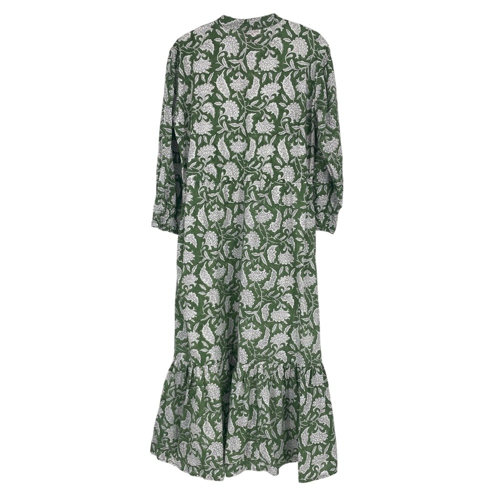 Mod's Mahal Green White Block Print Floral Maxi Dress Size M 100% Cotton Pockets - Picture 2 of 9